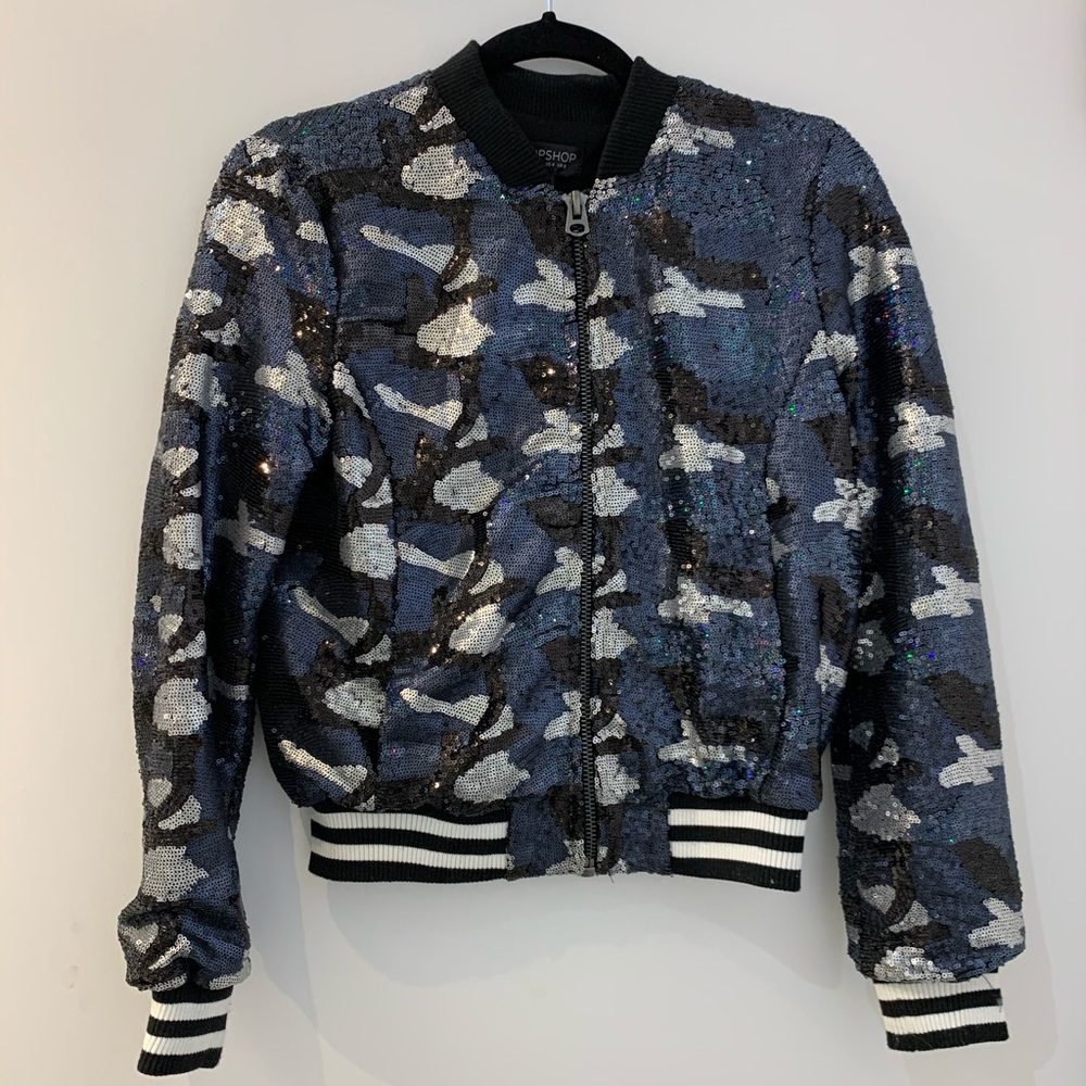 Blue camo bomber jacket with sequins